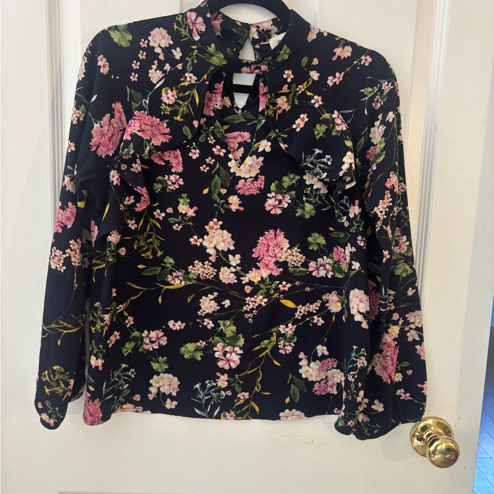 Navy and pink Floral longsleeve Women's Top Y2K Keyhole ruffles Size M Monteau